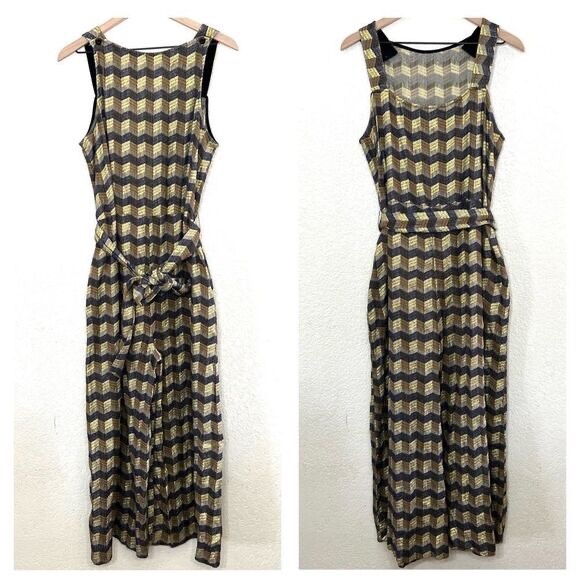 Ace & Jig Jumpsuit Metallic Jacquard Wide Leg Gold Belted Sleeveless Size L - Picture 2 of 14